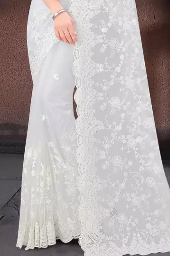 White Moti Stone Border Net Party Wear Wedding Saree With Blouse Piece
