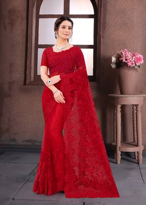 Red Moti Stone Border Net Party Wear Saree With Blouse Piece 1