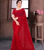 Red Moti Stone Border Net Party Wear Saree With Blouse Piece