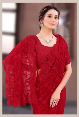 Red Moti Stone Border Net Party Wear Saree With Blouse Piece 2