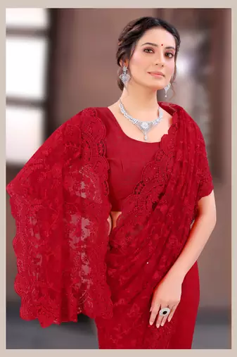 Red Moti Stone Border Net Party Wear Saree With Blouse Piece