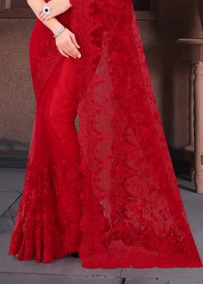 Red Moti Stone Border Net Party Wear Saree With Blouse Piece 3
