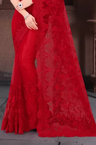 Red Moti Stone Border Net Party Wear Saree With Blouse Piece