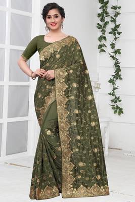 Green Zari Stone Embroidered Silk Party Wear Wedding Saree With Blouse Piece 1