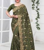 Green Zari Stone Embroidered Silk Party Wear Wedding Saree With Blouse Piece