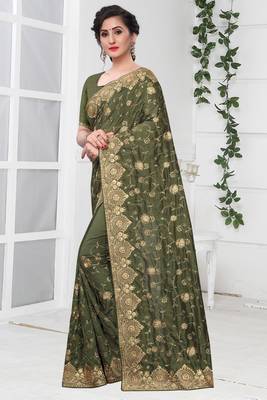 Green Zari Stone Embroidered Silk Party Wear Wedding Saree With Blouse Piece 2
