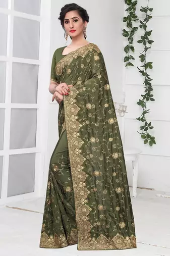 Green Zari Stone Embroidered Silk Party Wear Wedding Saree With Blouse Piece