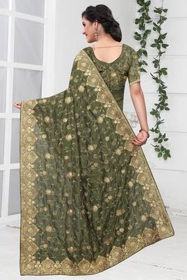 Green Zari Stone Embroidered Silk Party Wear Wedding Saree With Blouse Piece 3