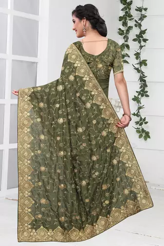 Green Zari Stone Embroidered Silk Party Wear Wedding Saree With Blouse Piece