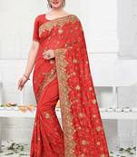 Red Zari Stone Embroidered Silk Party Wear Wedding Saree With Blouse Piece
