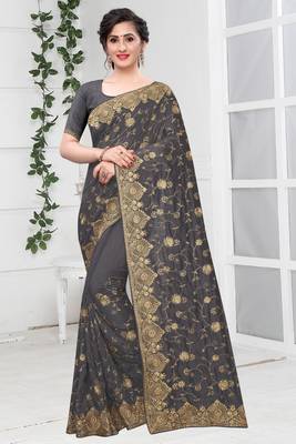 Grey Zari Stone Embroidered Silk Party Wear Wedding Saree With Blouse Piece 1