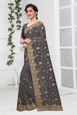 Grey Zari Stone Embroidered Silk Party Wear Wedding Saree With Blouse Piece 2
