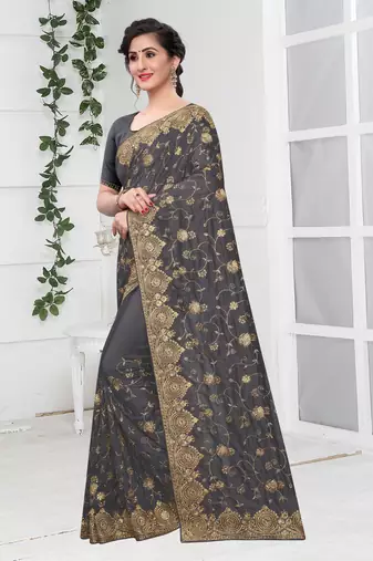 Grey Zari Stone Embroidered Silk Party Wear Wedding Saree With Blouse Piece