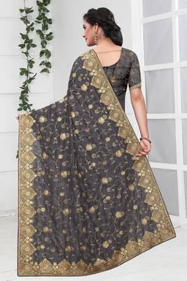Grey Zari Stone Embroidered Silk Party Wear Wedding Saree With Blouse Piece 3