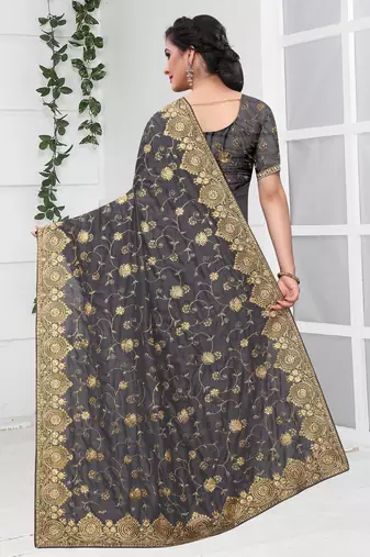 Grey Zari Stone Embroidered Silk Party Wear Wedding Saree With Blouse Piece