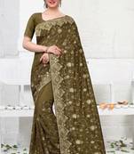 Olive Green Zari Stone Embroidered Silk Party Wear Wedding Saree With Blouse Piece