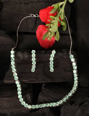 Silver Sea Green stone embellished cz necklace 317fnnn335 3