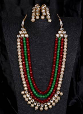 Multilayered kundan red and green stone necklace for wedding 317fnn381 1