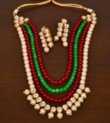 Multilayered kundan red and green stone necklace for wedding 317fnn381 2