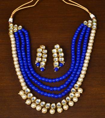 Multilayered kundan and blue stone necklace for wedding 317fnn382 2