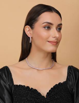 Silver plated pink stone embellished cz necklace 317fnnn333 3