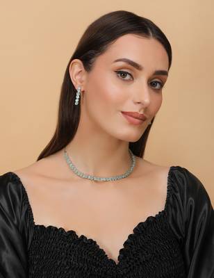 Silver Sea Green stone embellished cz necklace 317fnnn335 4