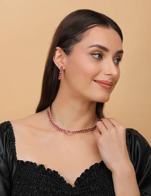Silver plated hydro ruby stone embellished cz necklace 317fnnn336 3
