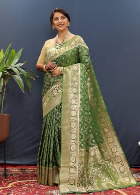 Mehendi Woven Bandhani Saree With Blouse 1