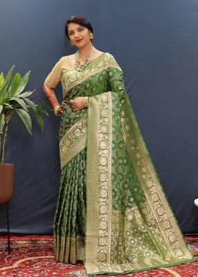 Mehendi Woven Bandhani Saree With Blouse 2