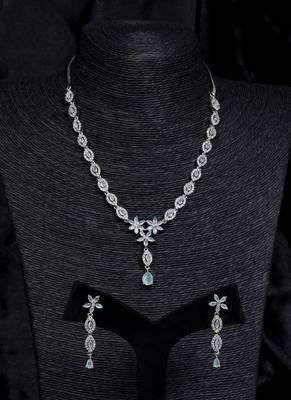 Silver Sea Green Stone embellished designer cz necklace 317fnnn347 1