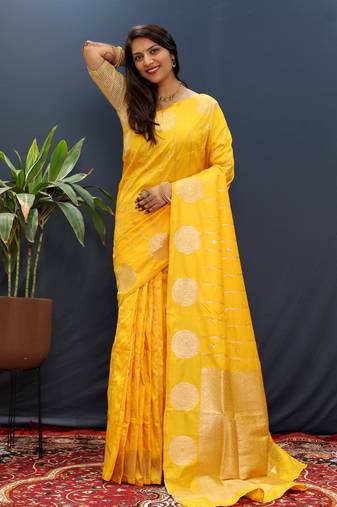 Yellow woven Faux kanchipuram silk saree with blouse