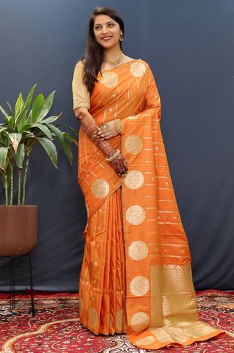 Mustard woven Faux kanchipuram silk saree with blouse
