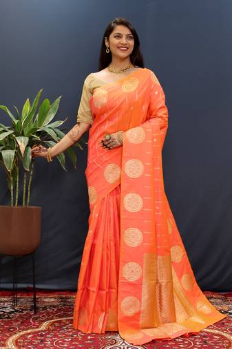Orange woven Faux kanchipuram silk saree with blouse