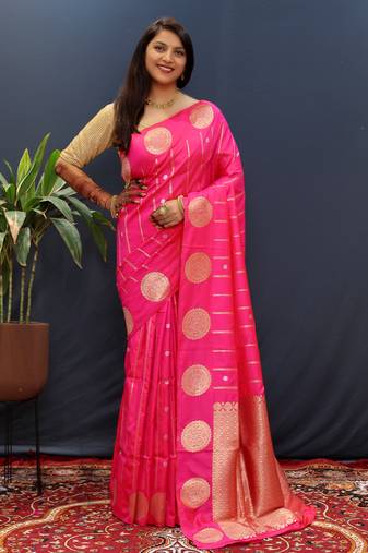 Pink woven Faux kanchipuram silk saree with blouse