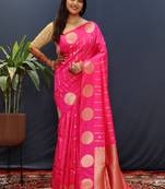 Pink woven Faux kanchipuram silk saree with blouse