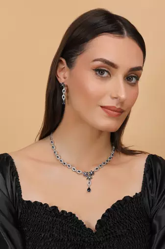 Silver plated blue stone embellished designer cz necklace 317fnnn344
