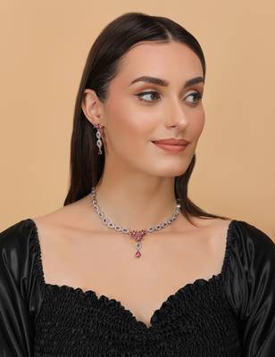 Silver plated hydro ruby stone embellished designer cz necklace 317fnnn346 2
