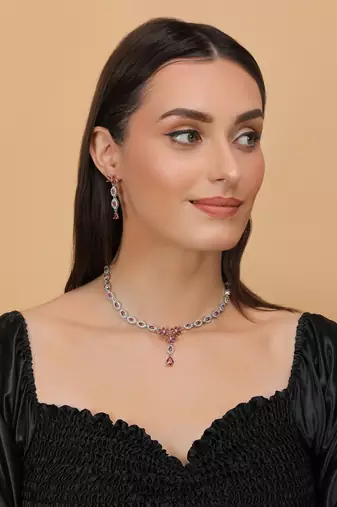 Silver plated hydro ruby stone embellished designer cz necklace 317fnnn346
