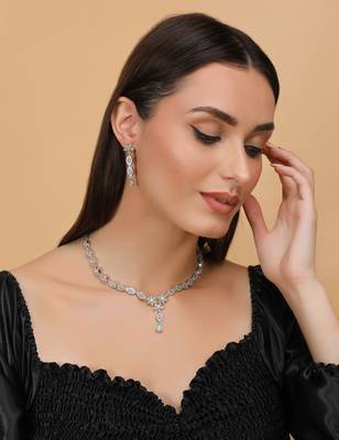 Silver Sea Green Stone embellished designer cz necklace 317fnnn347 2