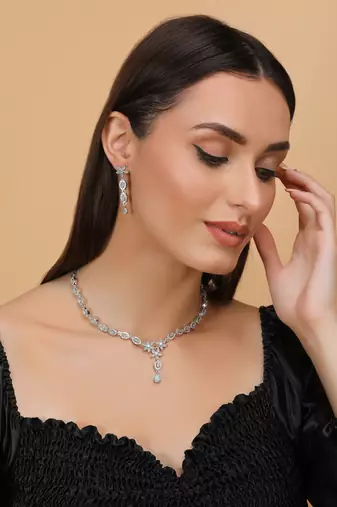 Silver Sea Green Stone embellished designer cz necklace 317fnnn347