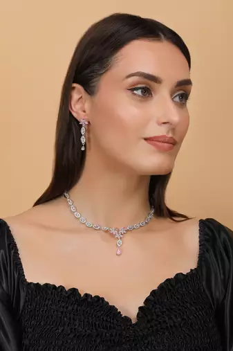 Silver plated pink stone embellished designer cz necklace 317fnnn348
