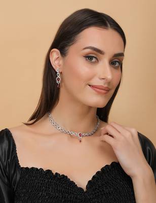 Silver plated hydro ruby stone embellished designer cz necklace 317fnnn349 2