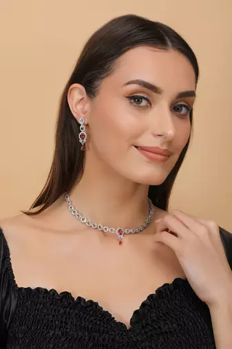 Silver plated hydro ruby stone embellished designer cz necklace 317fnnn349