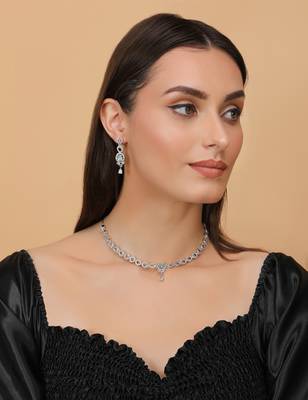 Silver Sea Green stone embellished designer cz necklace 317fnnn350 2