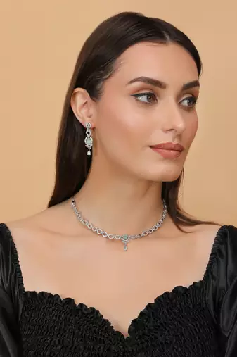 Silver Sea Green stone embellished designer cz necklace 317fnnn350