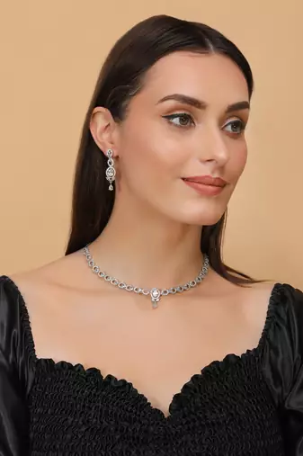 Silver plated white stone embellished designer cz necklace 317fnnn351