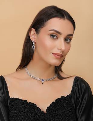 Silver plated blue stone embellished designer cz necklace 317fnnn352 2
