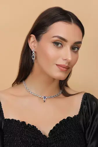 Silver plated blue stone embellished designer cz necklace 317fnnn352