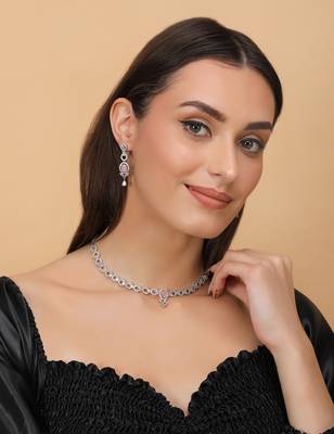 Silver plated pink stone embellished designer cz necklace 317fnnn353 3