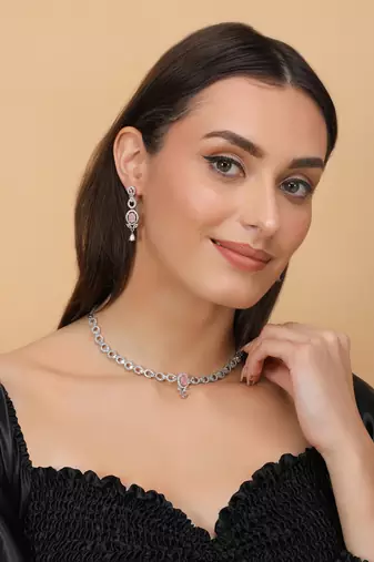 Silver plated pink stone embellished designer cz necklace 317fnnn353